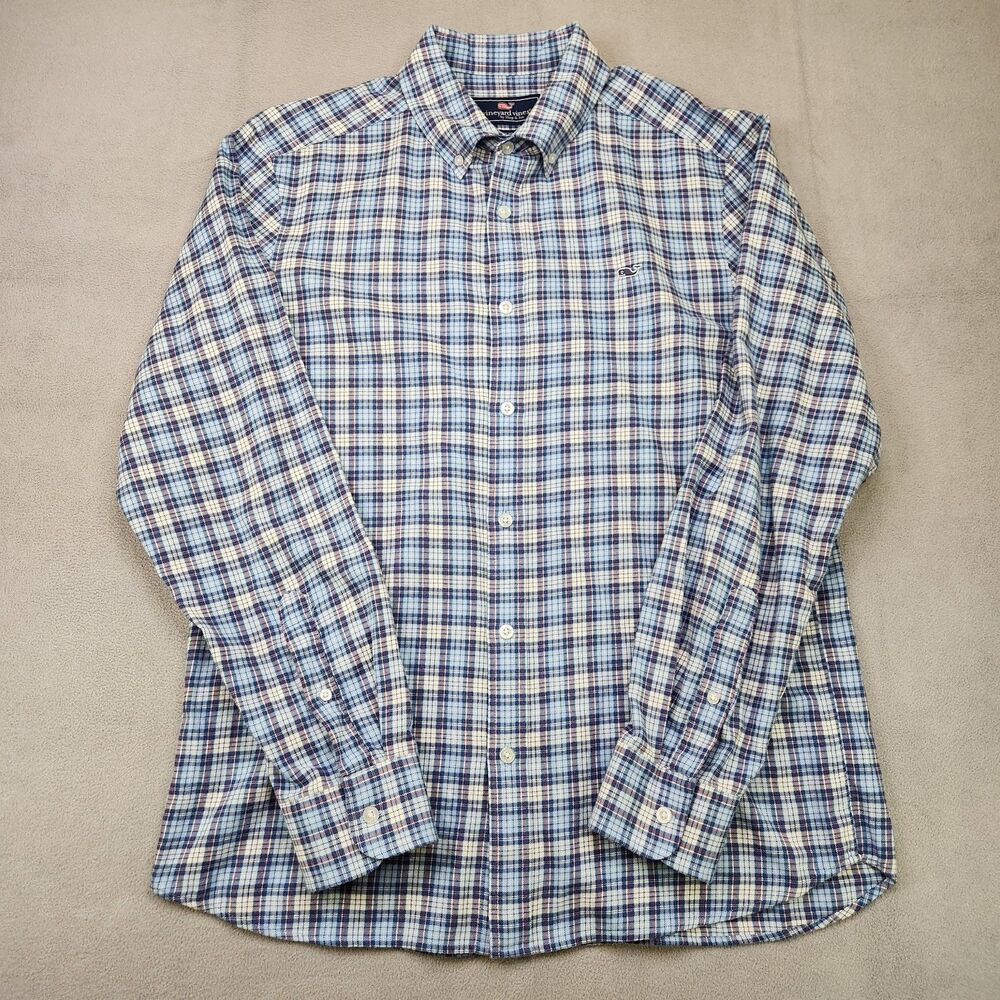 Vineyard Vines Flannel Whale Shirt Men's M Blue Plaid Long Sleeve Classic Fit